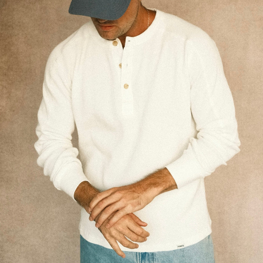 Long-Sleeve Waffle Henley - White