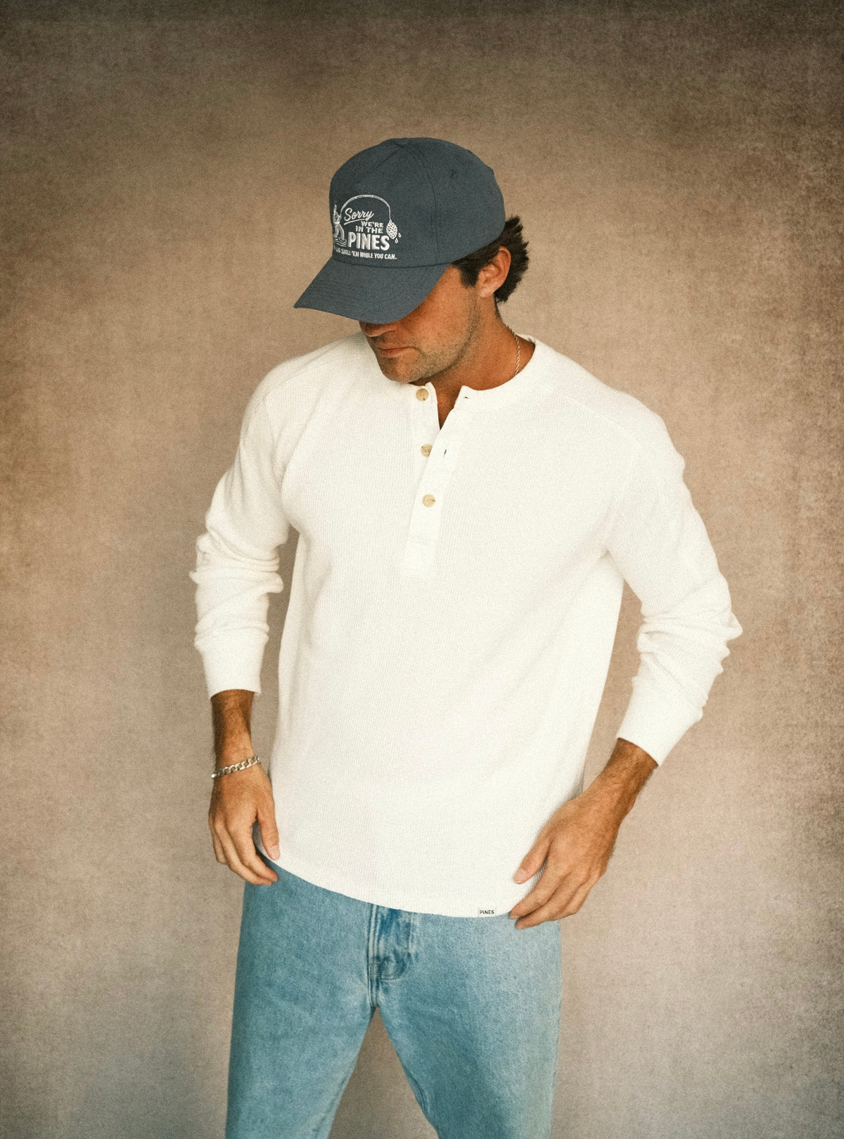Long-Sleeve Waffle Henley - White