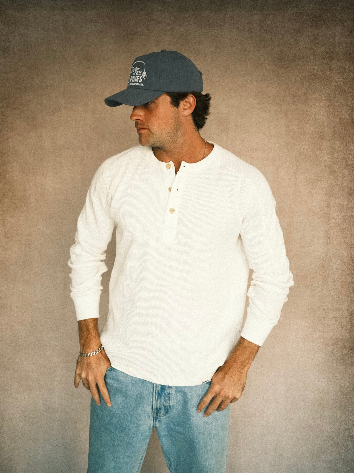 Long-Sleeve Waffle Henley - White