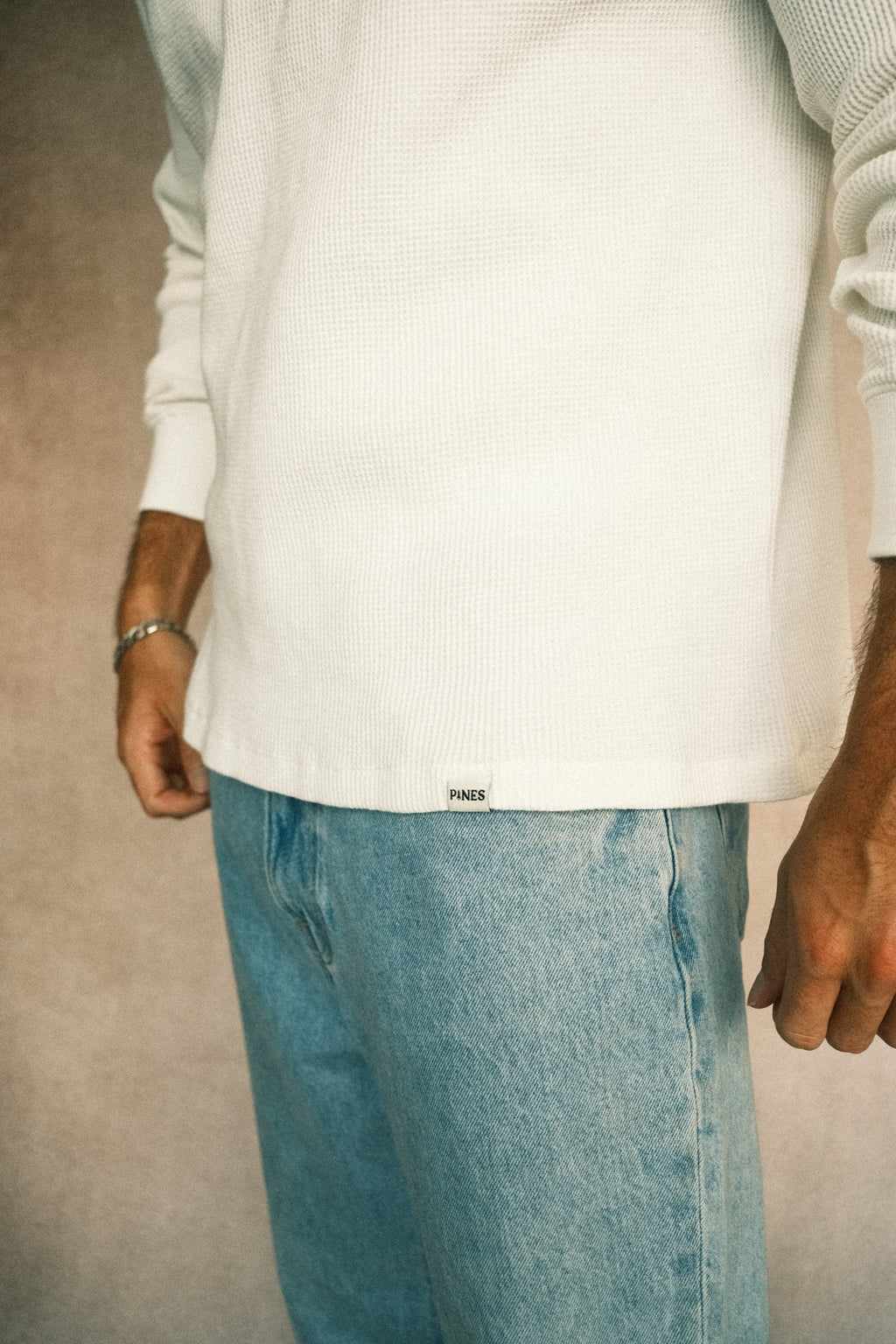 Long-Sleeve Waffle Henley - White