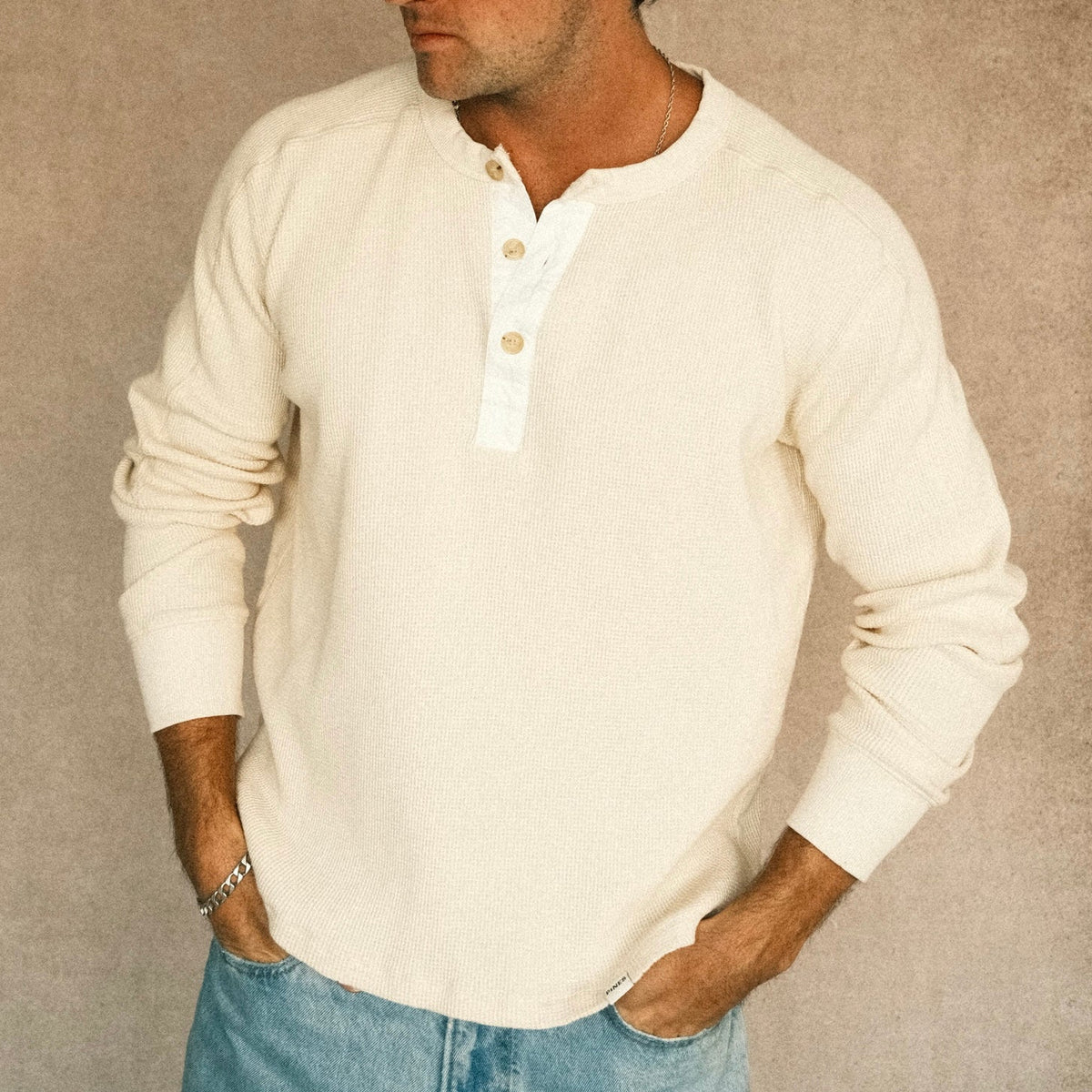 Long-Sleeve Waffle Henley - Off-White