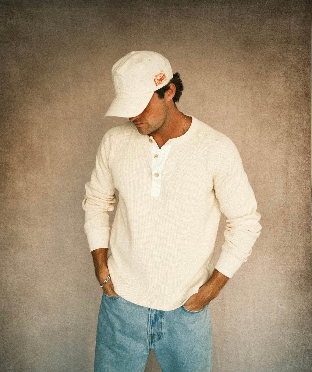 Long-Sleeve Waffle Henley - Off-White