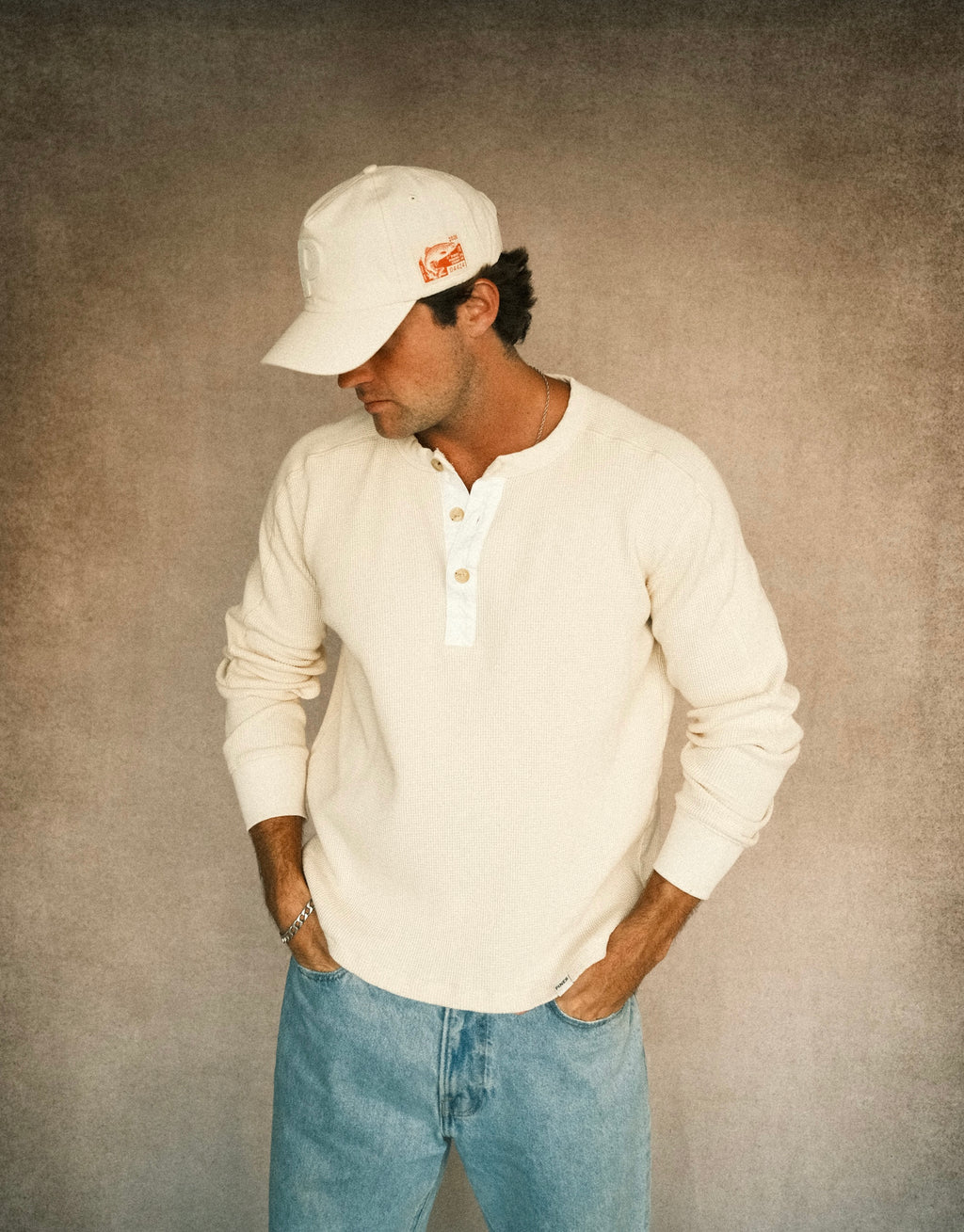 Long-Sleeve Waffle Henley - Off-White